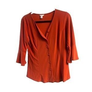 Cato Womens M Rust Orange Blouse Bell Sleeve Button Front Tie Back V Neck Top